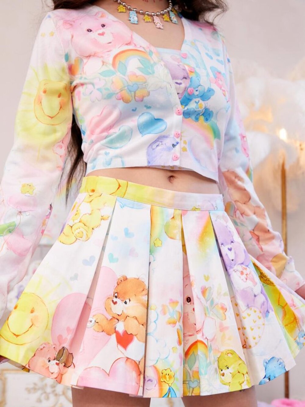 Dolls Kill Pastel Care Bear Pleated Skater Skirt - Pink, Yellow, Blue, Purple - Picture 2 of 4